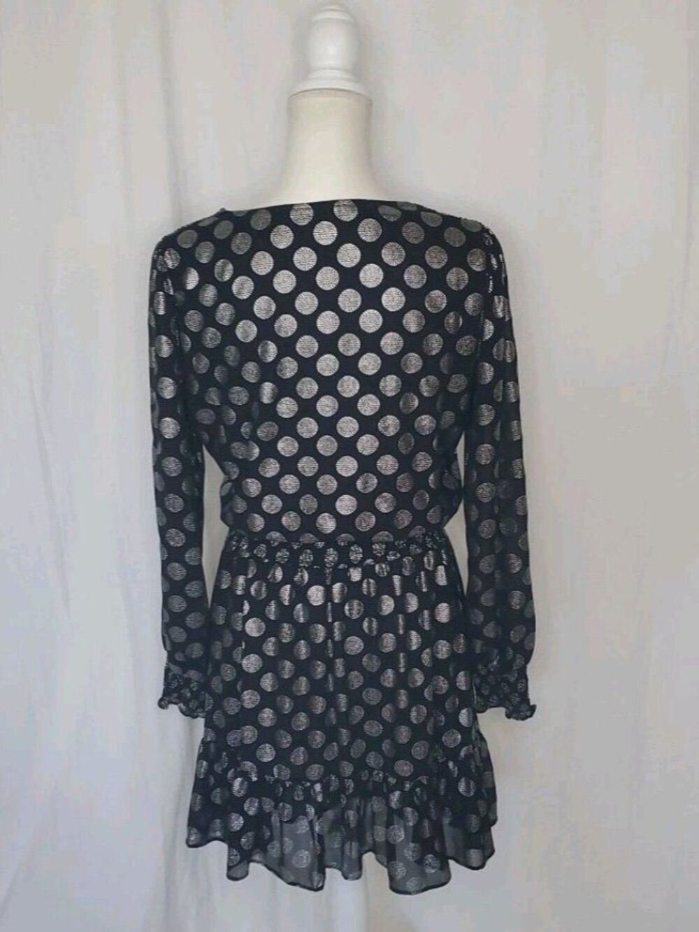 Michael Kors Black & Silver Polka Dot Surplice Long Sleeve Tiered Mini Dress M - Picture 7 of 15